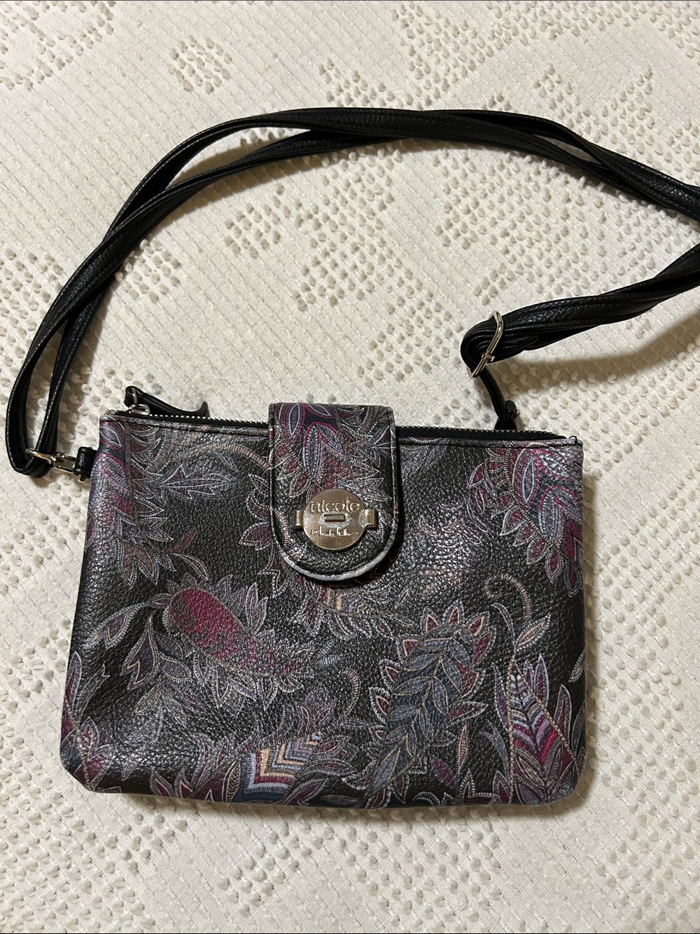 Nicole Miller  Black Floral-Accent Crossbody bag